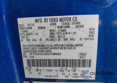 2010 Ford F-150 Fx4/Harley-Davidson/King Ranch/Lariat/Platinum/Xl/Xlt z USA, uszkodzony, nr VIN 1FTFW1EV2AFC96043